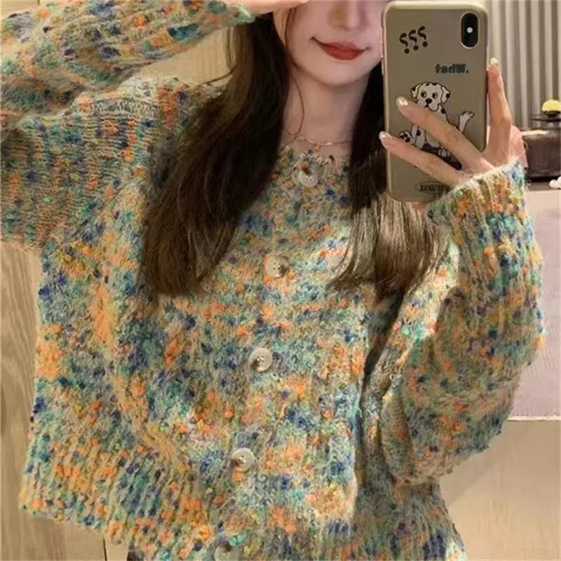 Pink and green rainbow knit cardigan with retro styling and slim fit