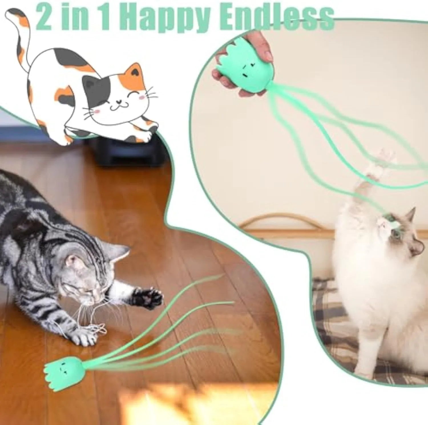 Green automatic electronic cat wand toy with swinging silicone tails on a table.