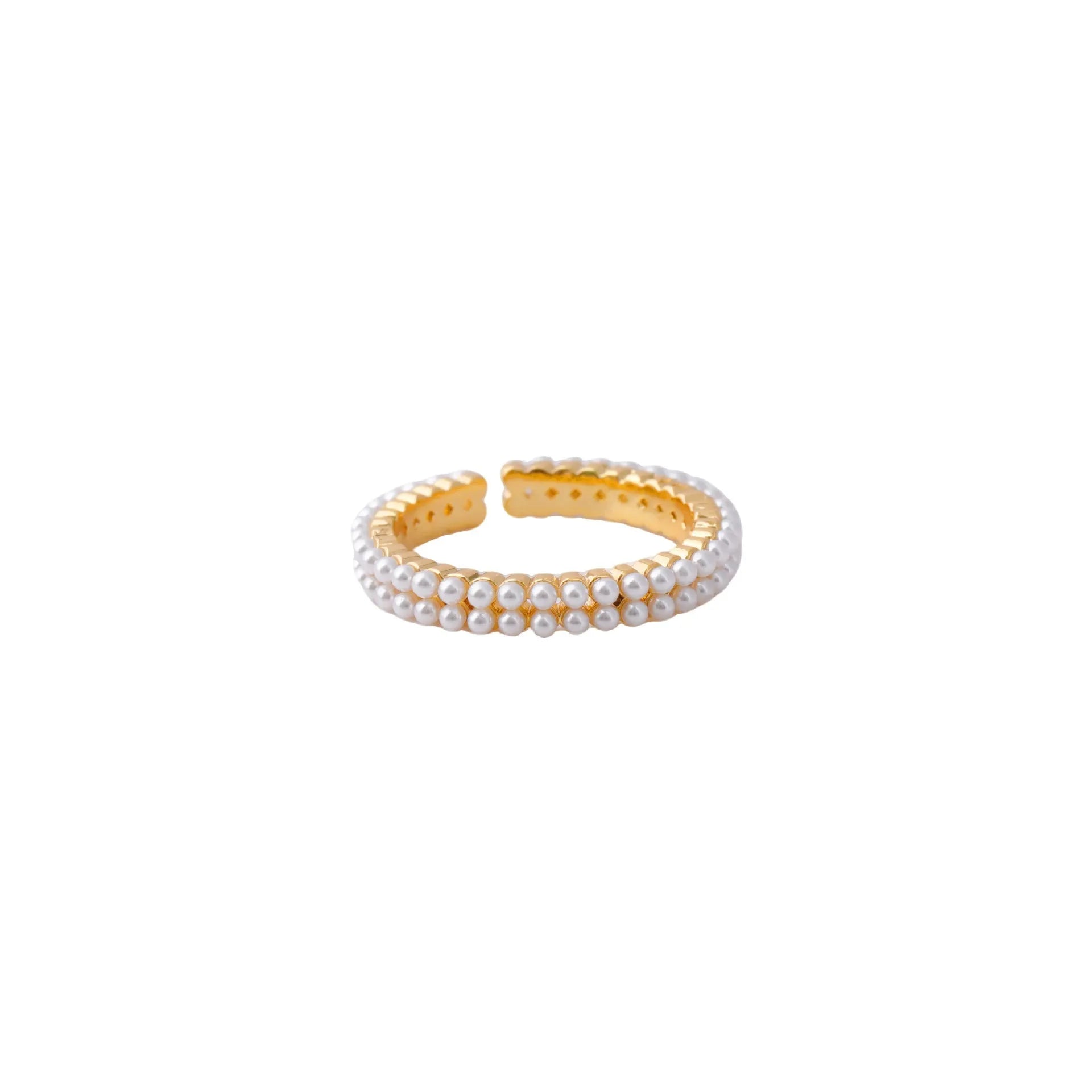 Gold geometry ring with open mouth design and round elements on copper