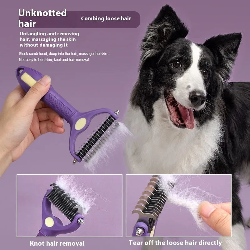 Purple plastic double-sided pet comb for dog and cat grooming