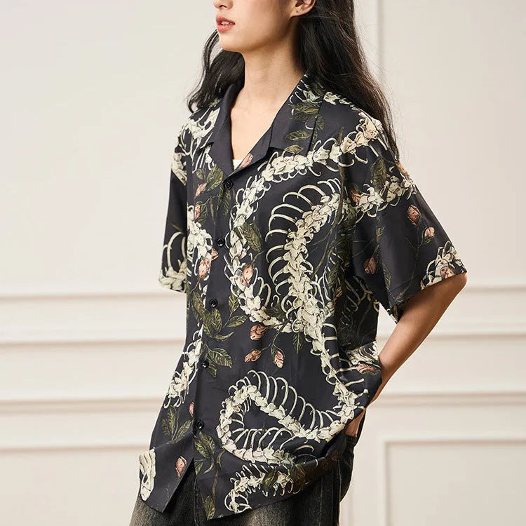Snake bone pattern printed Cuban collar short sleeve shirt in loose fit design