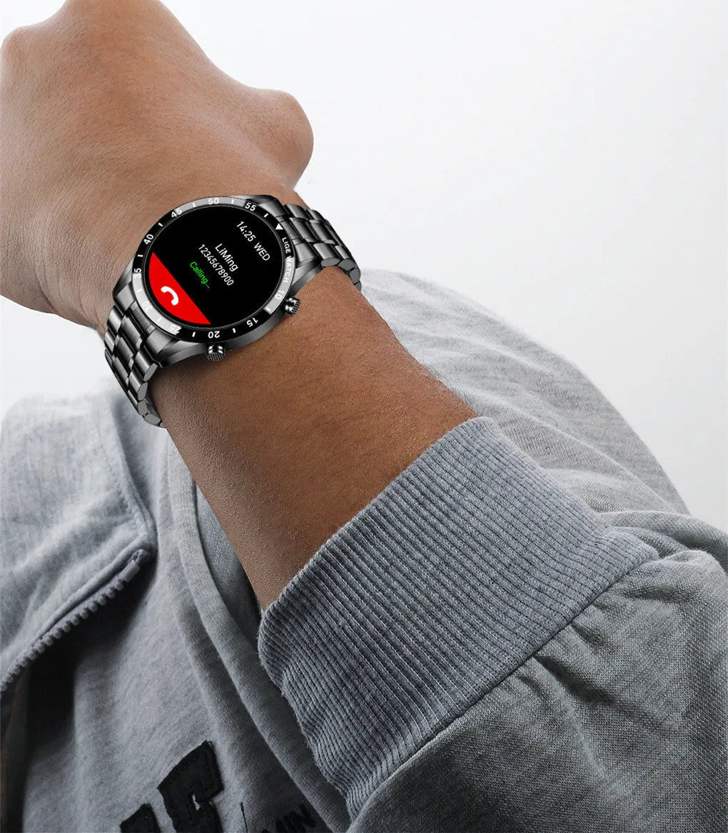 Stainless steel smart watch with black band and 1.3 inch screen displayed on wrist.