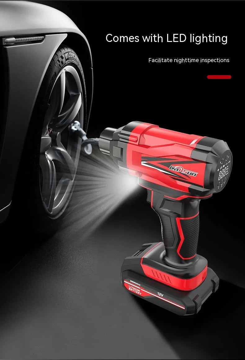 Red and black portable car air pump with digital display, power cable, and set of inflation nozzles on a grey background.