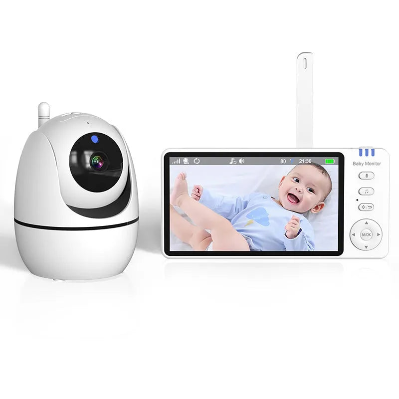 White wireless baby monitor with 5-inch screen showing baby room temperature display