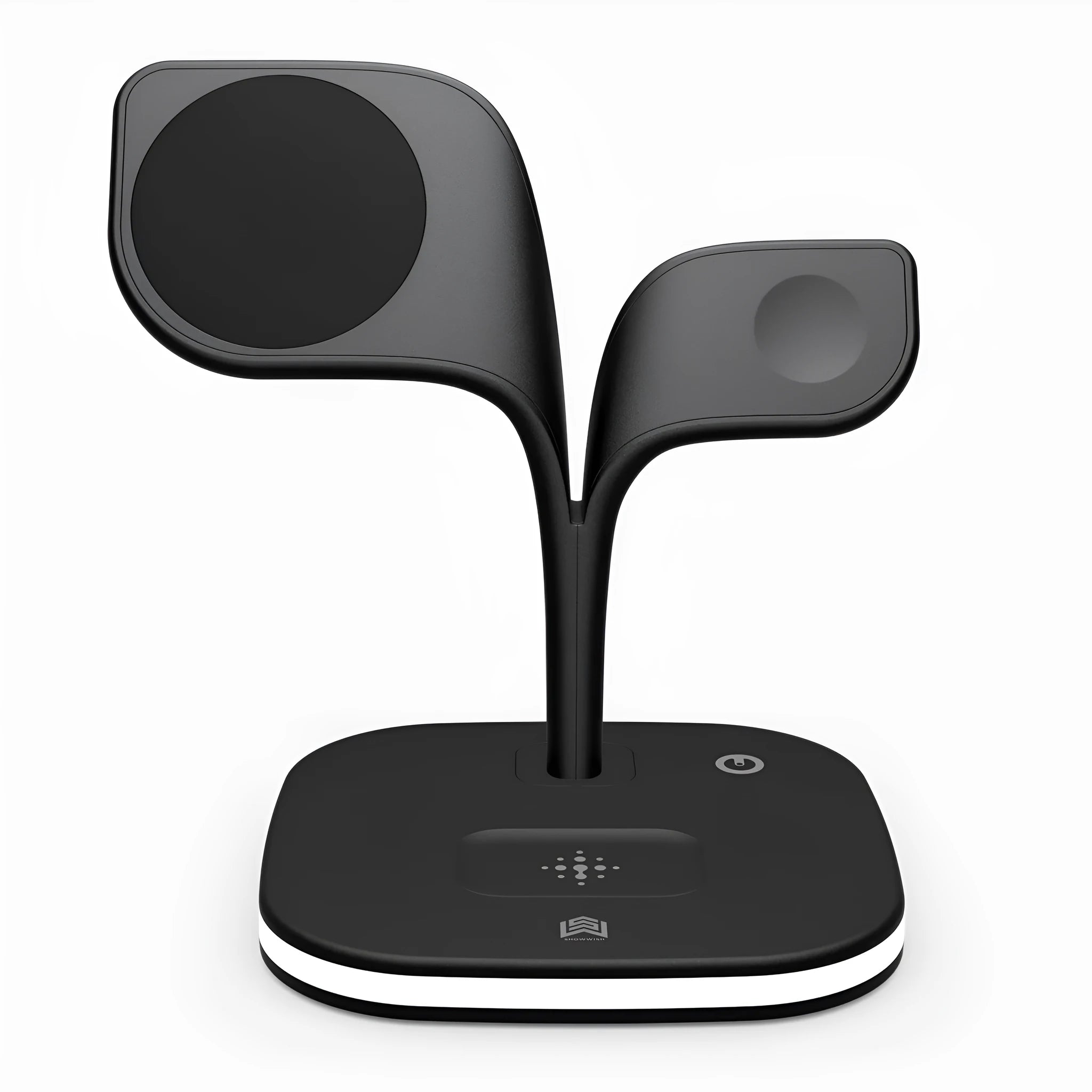 Black 3-in-1 desktop wireless charging stand showing phone, watch, and headphones charging simultaneously.