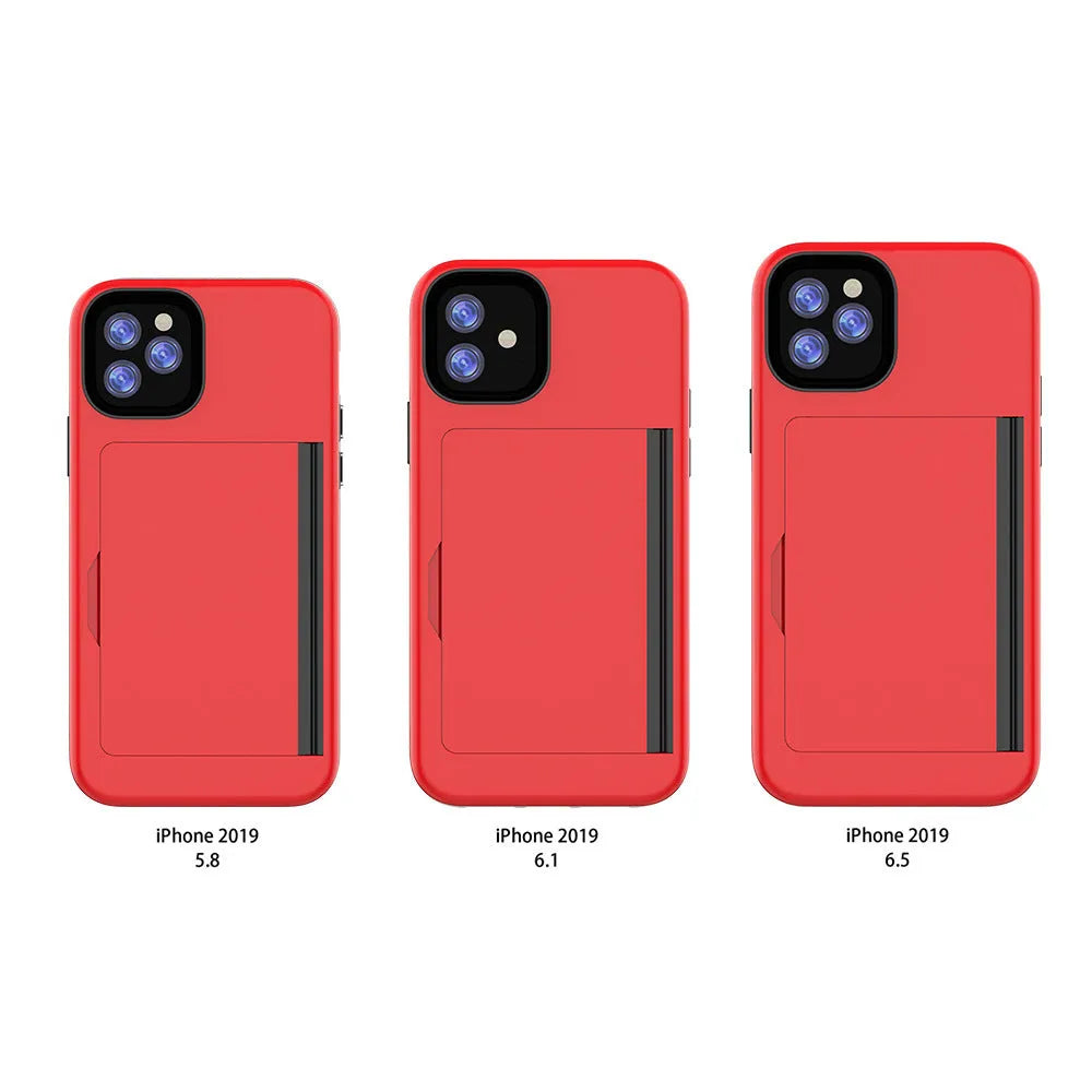 Solid-colour TPU and PC mobile phone case for Apple iPhone 11, shown in black, red, pink, dark blue, blue, and purple.