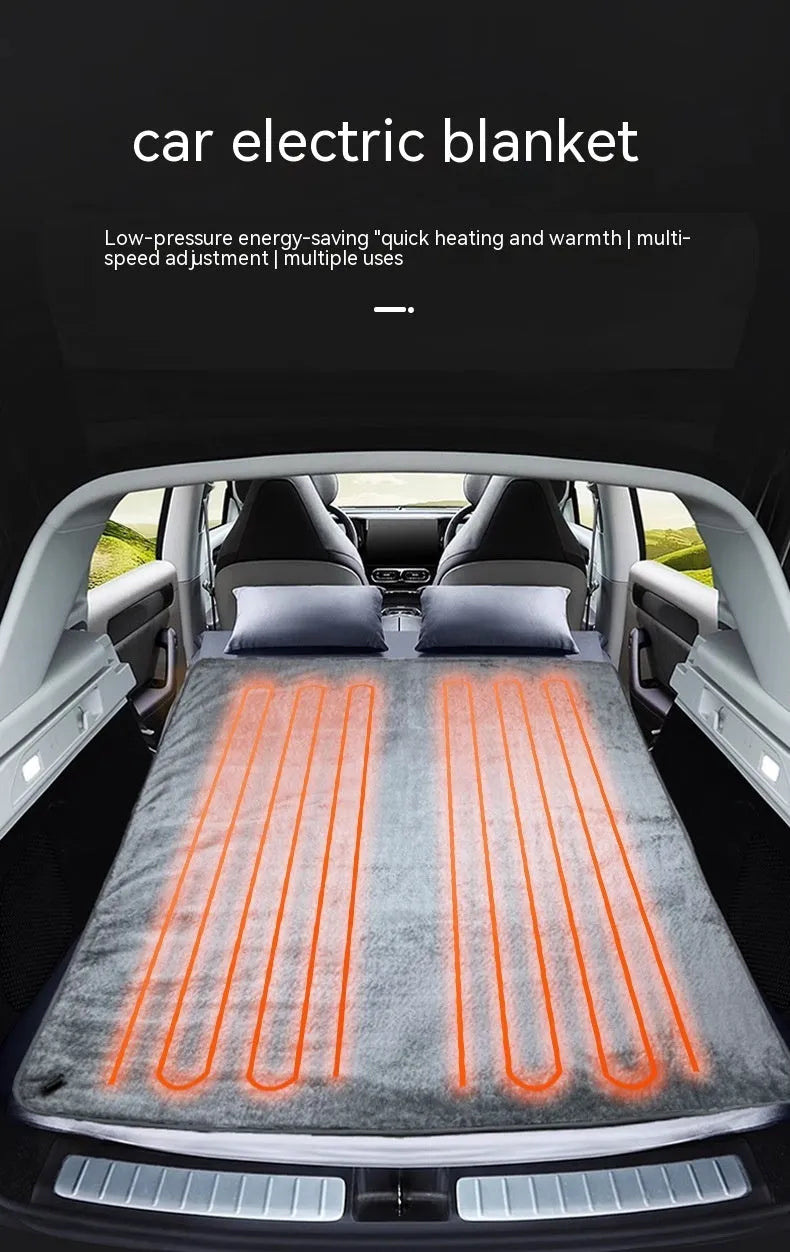 Grey 12V car electric blanket with cigarette lighter plug, shown in single and double size options with temperature control