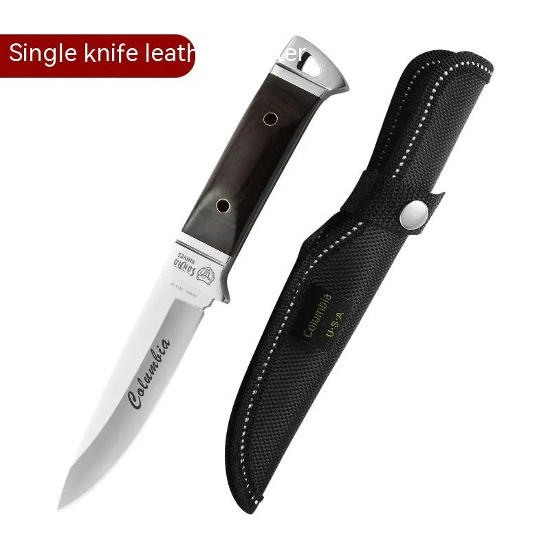 Stainless steel camping fruit knife with leather case in national style design