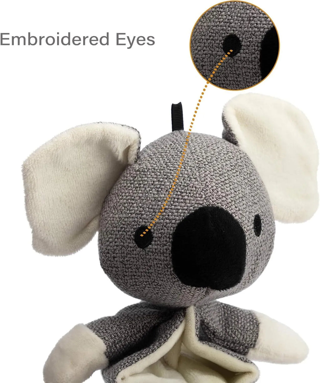 Grey koala stuffed dog toy measuring 30cm long with plush limbs and durable cloth body.