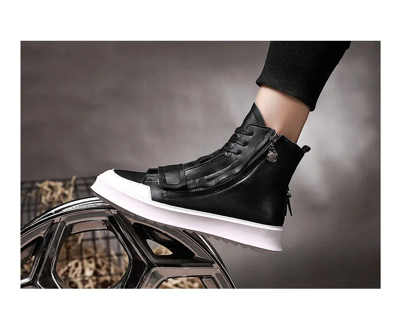 Men's black and white high-top winter ankle boots made from PU leather and microfiber.