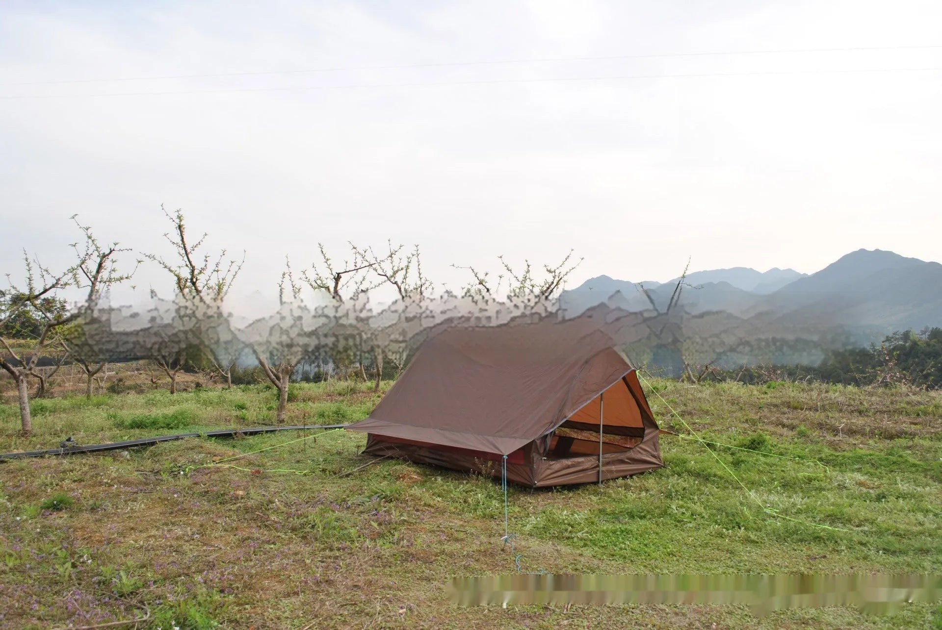 Brown A-line cabin tent setup with hiking pole supports showing spacious interior and waterproof fabric construction