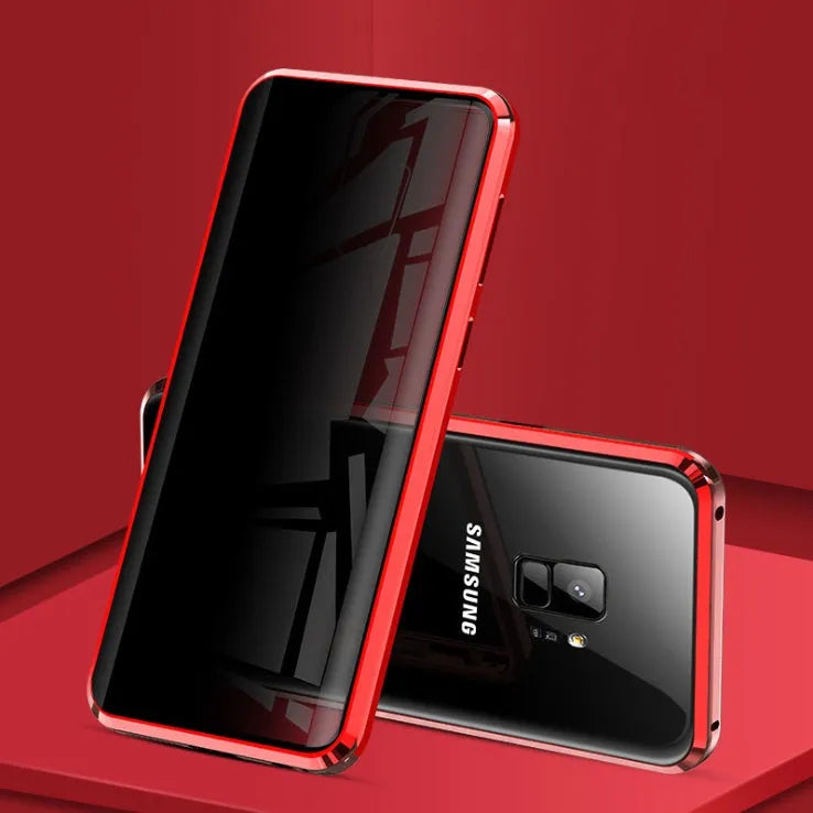 Black clamshell anti-peeping magnetic phone case for Samsung Galaxy phone shown open and closed