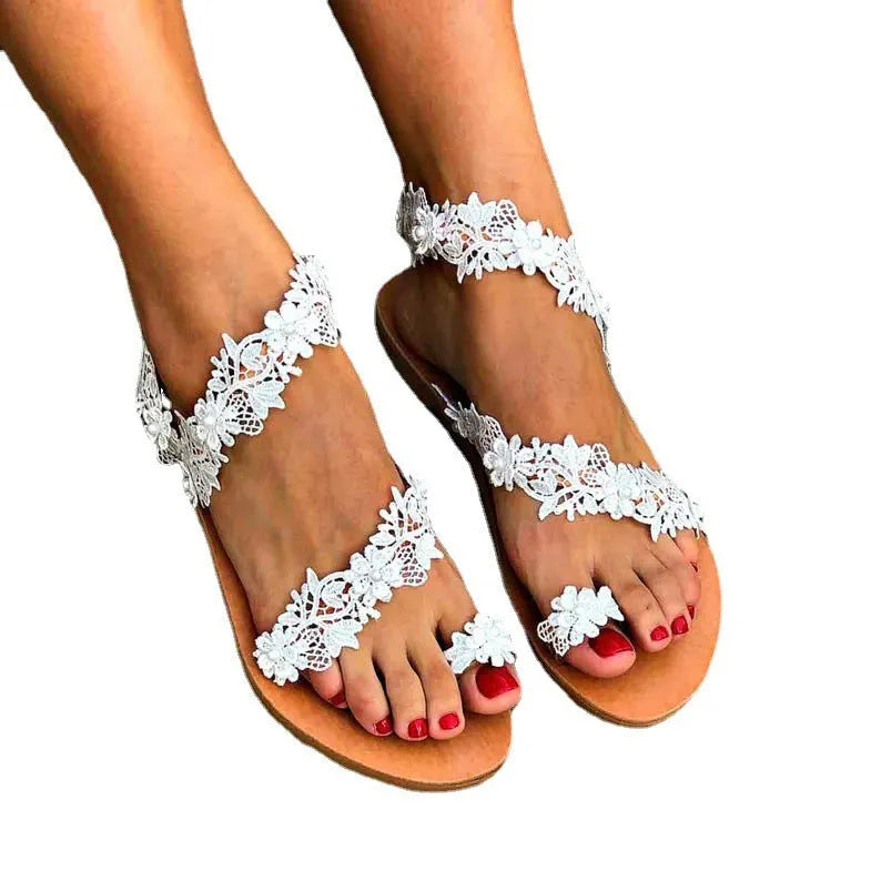 White women's plus size flat shoes with rhinestone flower decoration and low-cut sandal design