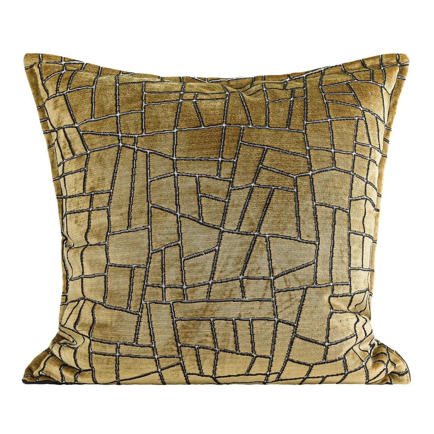 Local gold geometric abstract pattern on a square polyester cushion cover.