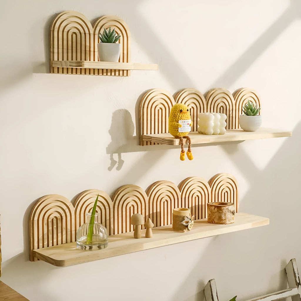 Solid wood multi-layer wall rack holding flower pots in a tiered pendant design