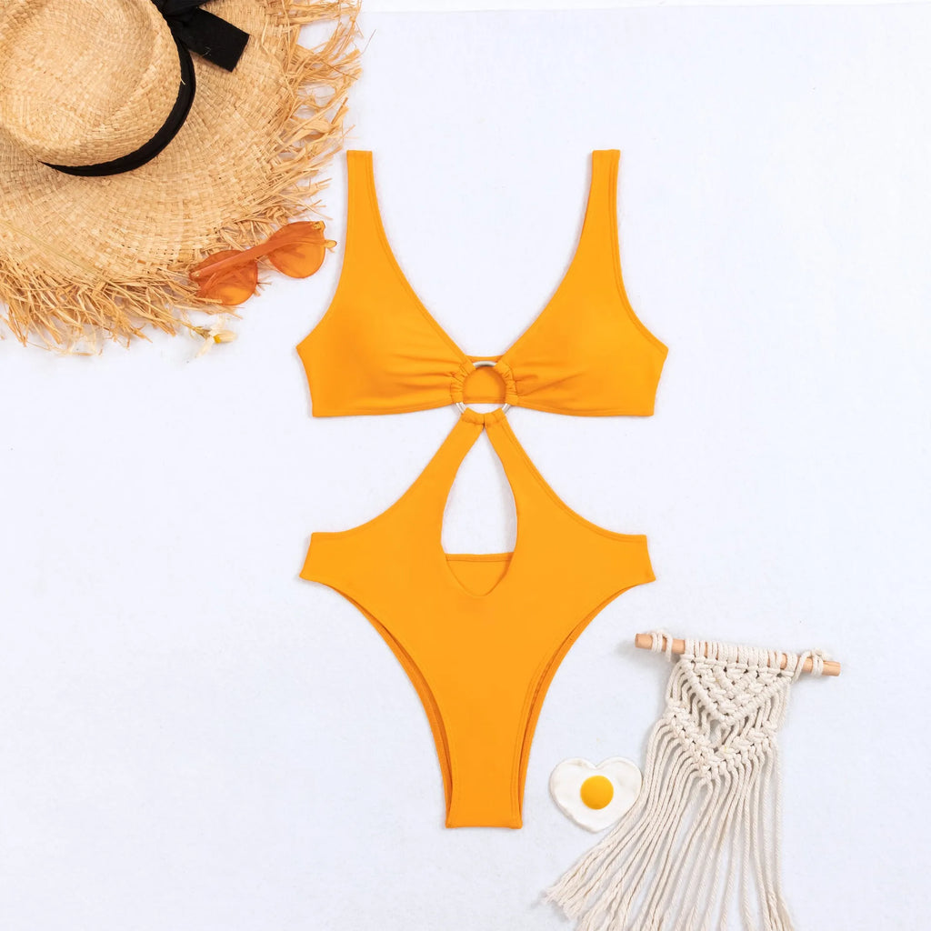 Women's black triangle top one-piece swimsuit with sleeveless design