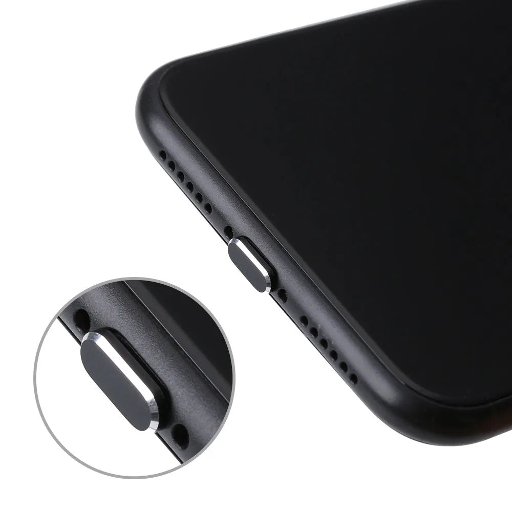 Aluminium alloy mobile phone charging port dust plug for iPhone, shown in a metallic colour.