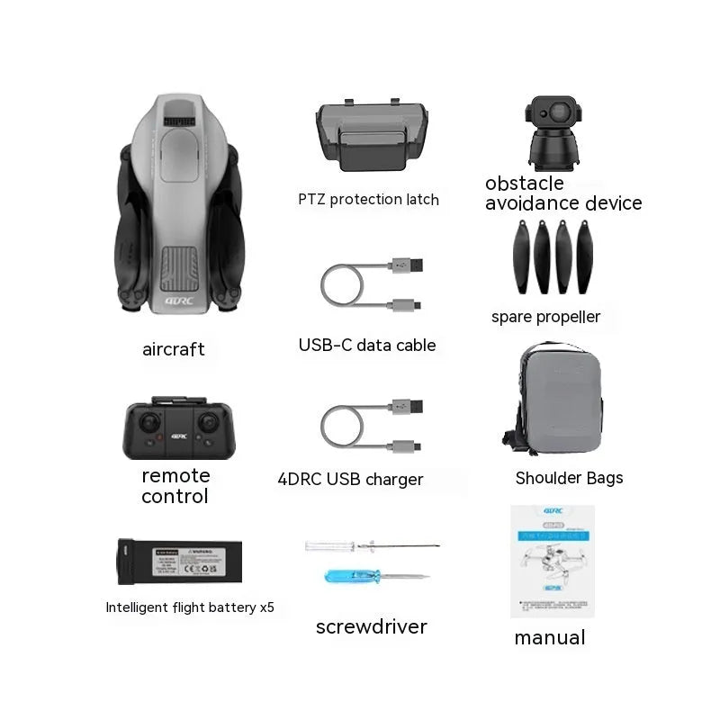 White folding quadcopter drone with 4K camera and obstacle avoidance sensors, shown with remote controller and shoulder bag.