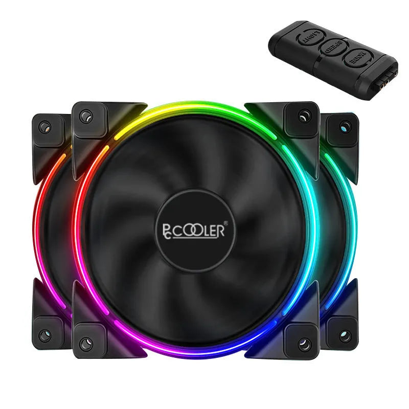 Three black 12cm PC case fans with illuminated RGB blades on a transparent background.