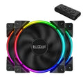 Three black 12cm PC case fans with illuminated RGB blades on a transparent background.