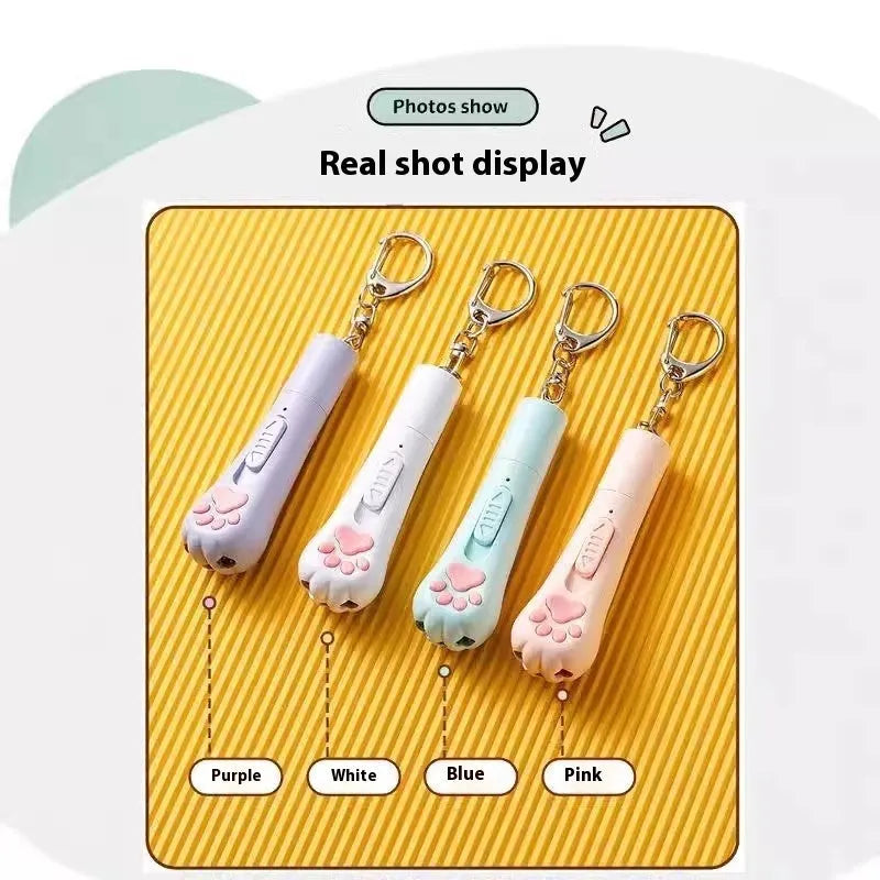 USB rechargeable cat teaser pen light with colourful LED and feather attachment in pink, cream, or blue