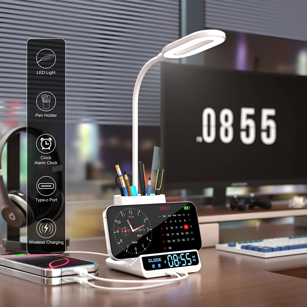 Wireless charging desk lamp with integrated pen holder storage box in modern simple design