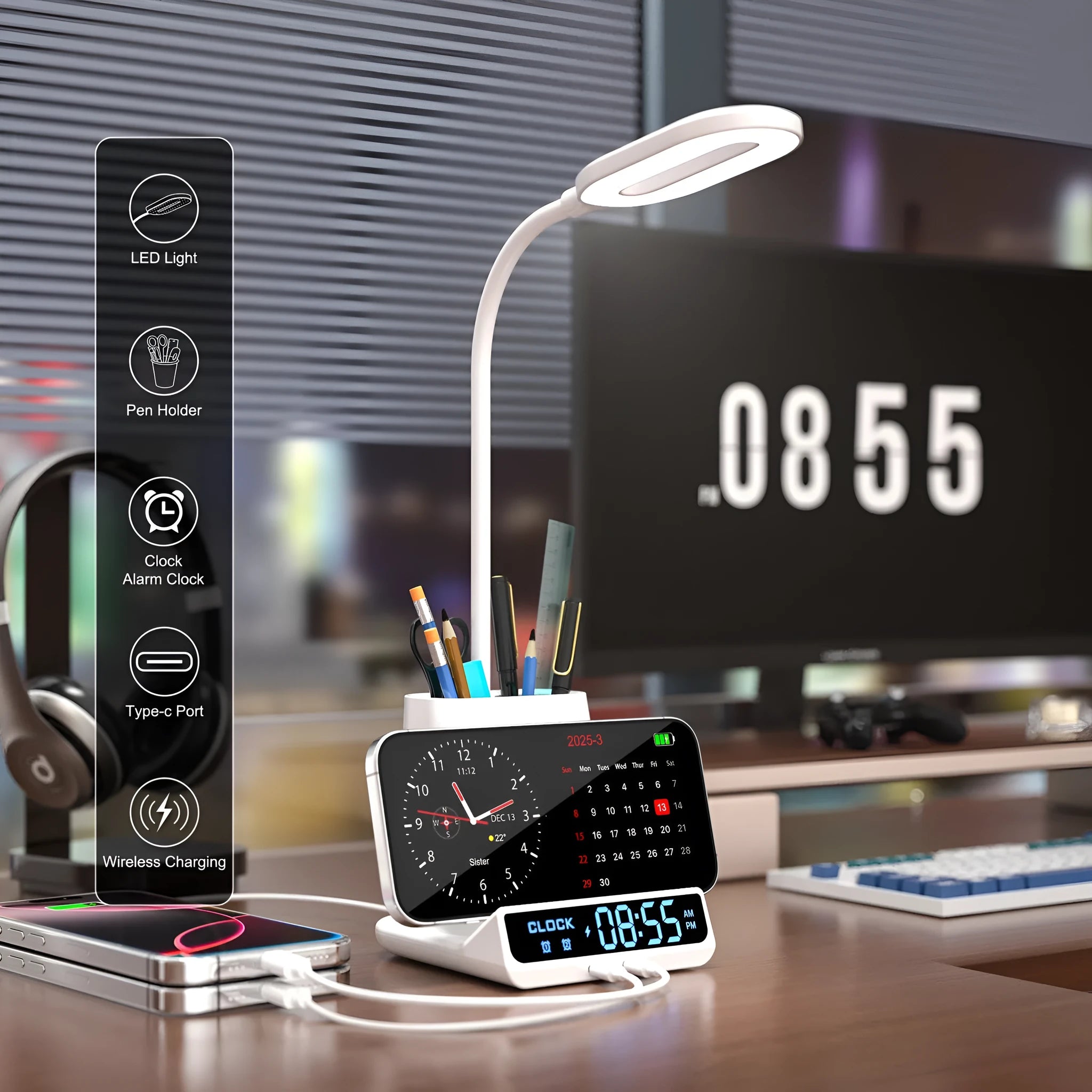 Wireless charging desk lamp with integrated pen holder storage box in modern simple design