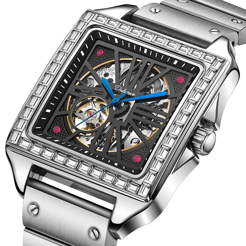 Men's square automatic watch with diamond-studded design on black leather strap