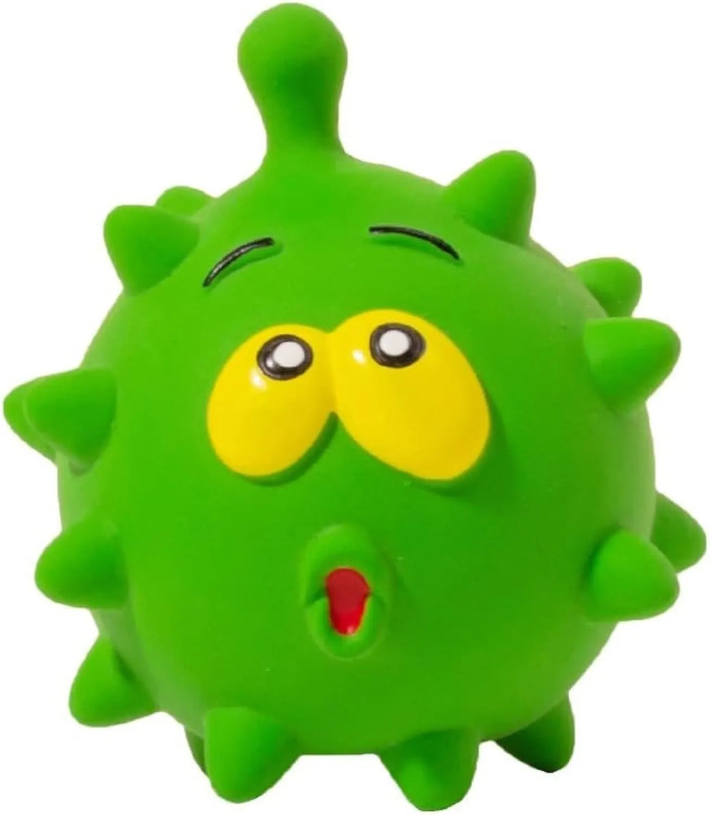 Set of four coloured squeaky dog balls with animal faces and bumpy texture