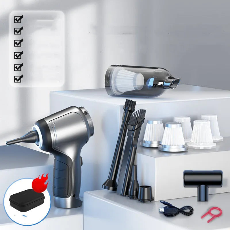 A handheld cordless vacuum cleaner with a car mount, shown on a car seat.