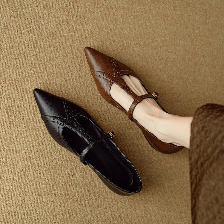 Brown women's cowhide leather flat shoes with round toe and soft bottom