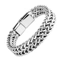 Silver geometric stainless steel men's bracelet showing front and back design details