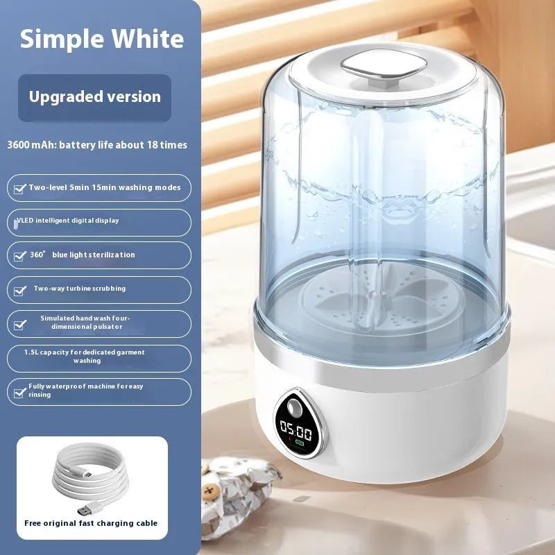 White portable USB charging mini washing machine on a countertop