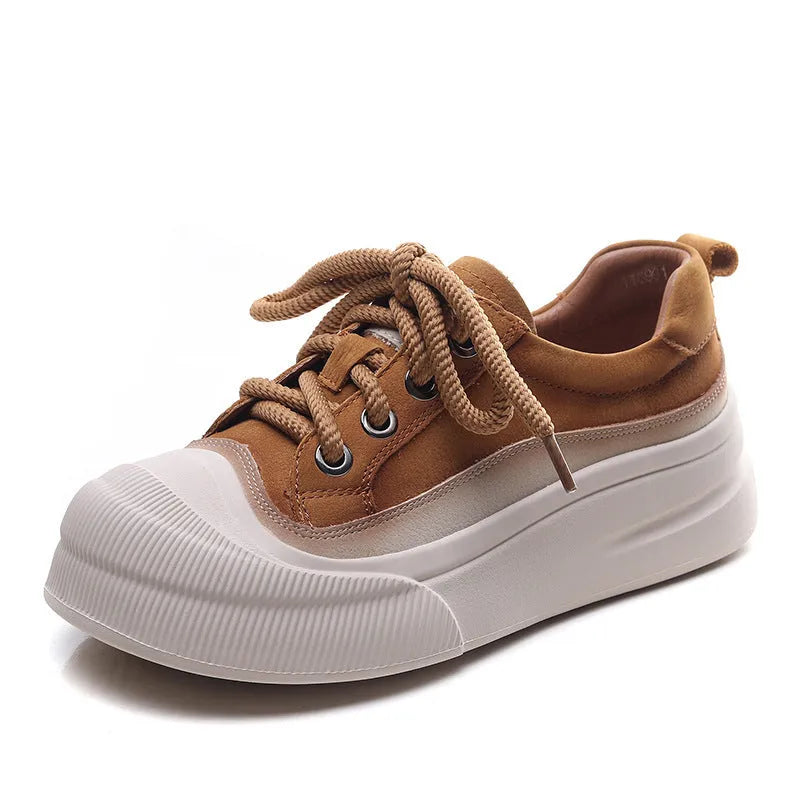 Women's yellow full grain cow leather lace-up casual shoes with round toe and rubber sole