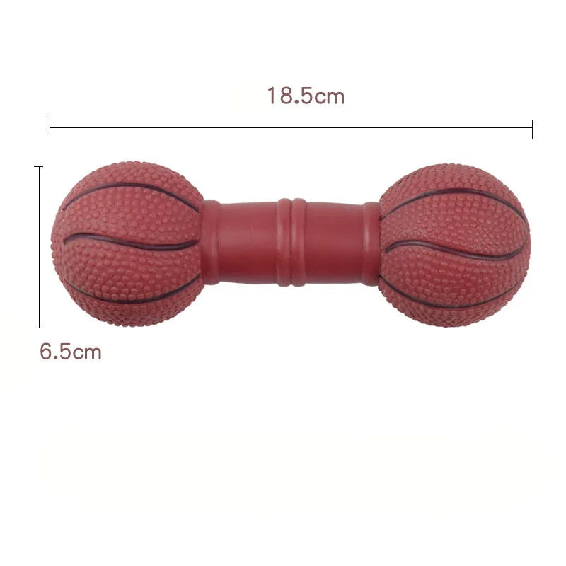 Non-toxic PVC squeaky dog toy shaped like a colourful football dumbbell.