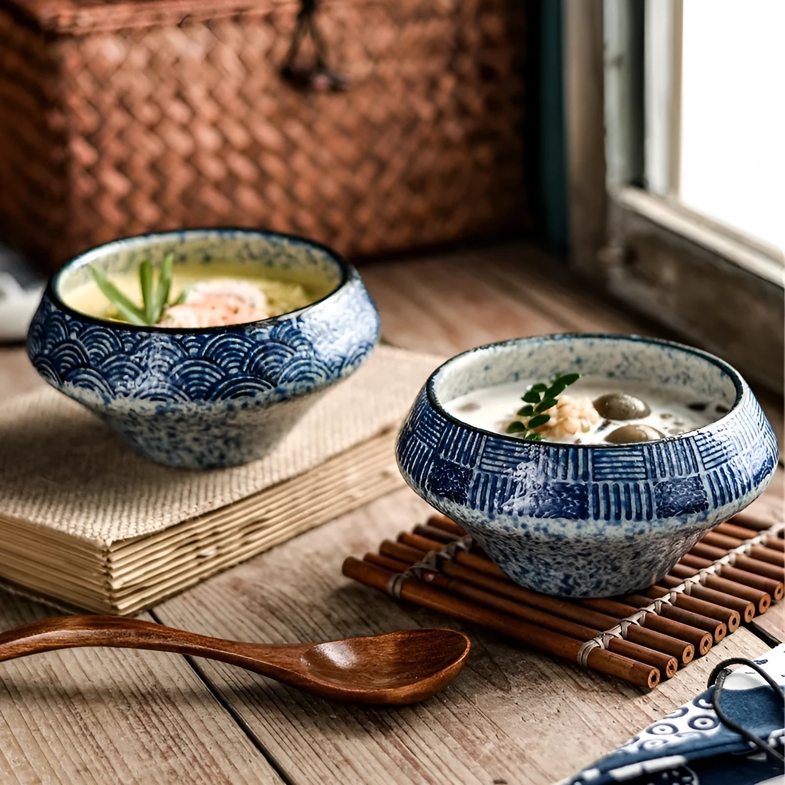 Ceramic tall Japanese soup noodle bowl in a retro glaze colour on a wooden table.