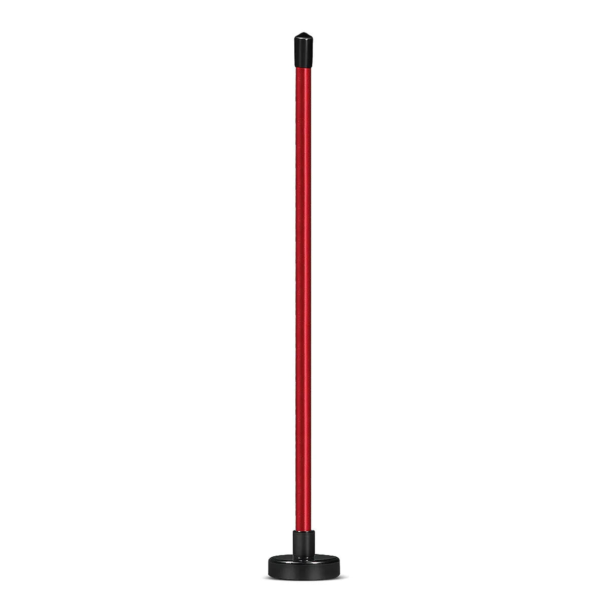 Red aluminium golf swing alignment trainer with magnetic directional pointer on green background