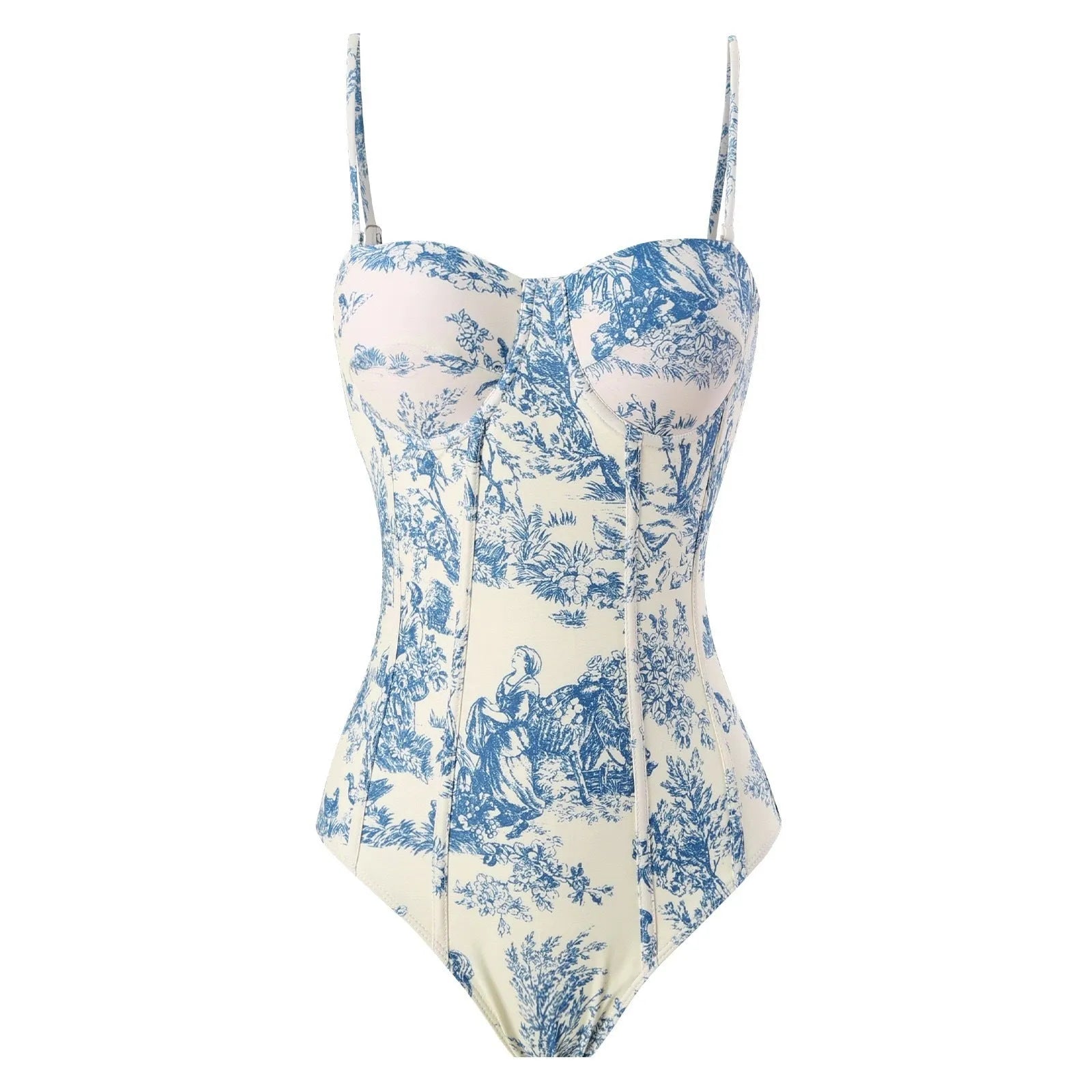 Blue patterned one-piece swimsuit for women with matching gauze skirt option in polyester fabric