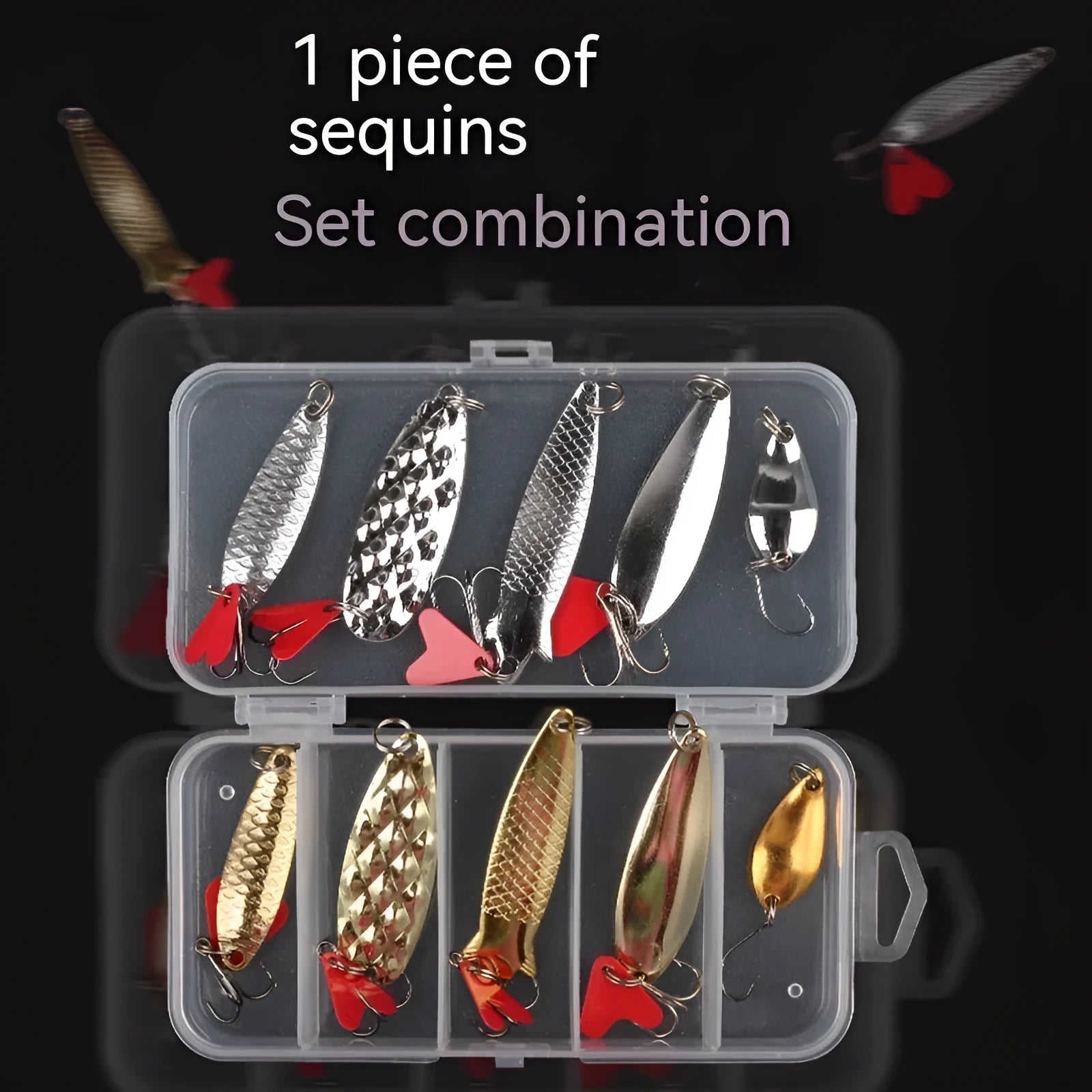 Pineapple sequin fishing lure set with metal components and gold silver colour options