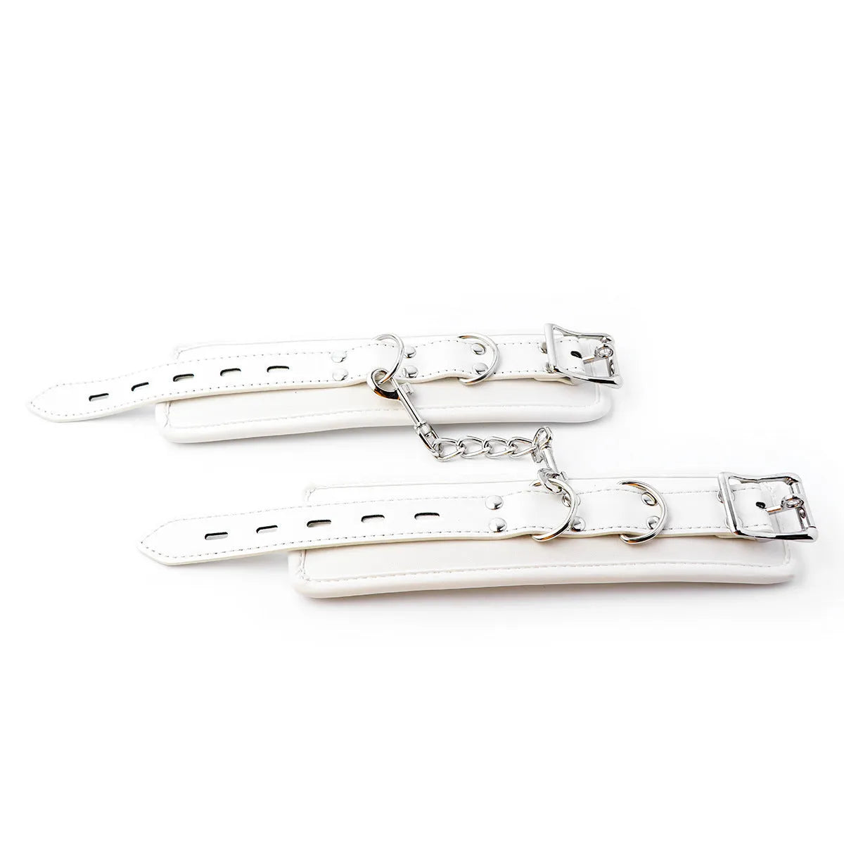 White PU sponge bondage restraint set showing wrist cuffs, ankle cuffs and neck cuff