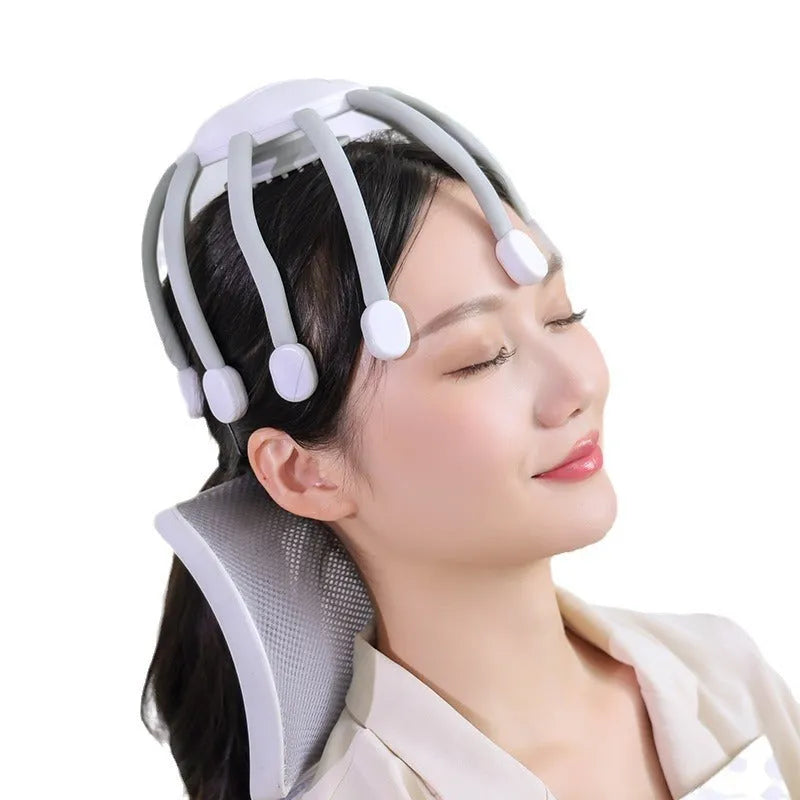 Black or white USB head massager with multiple vibrating claws for scalp relaxation.