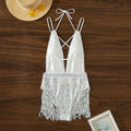 White deep V-neck women's swimsuit with tassel trim on briefs-style bottom