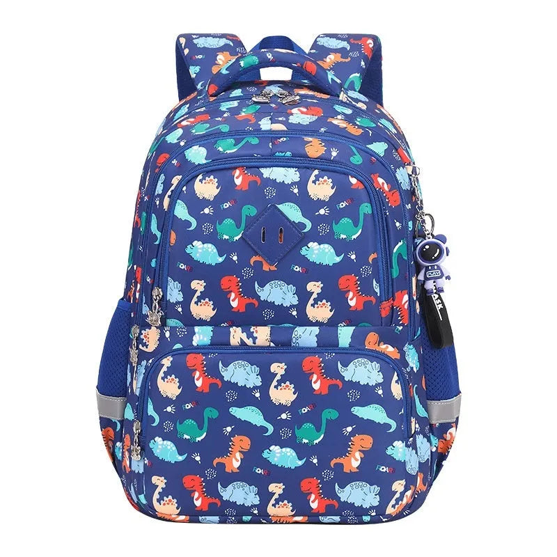 Blue children's waterproof school backpack with dinosaur print and curved shoulder straps