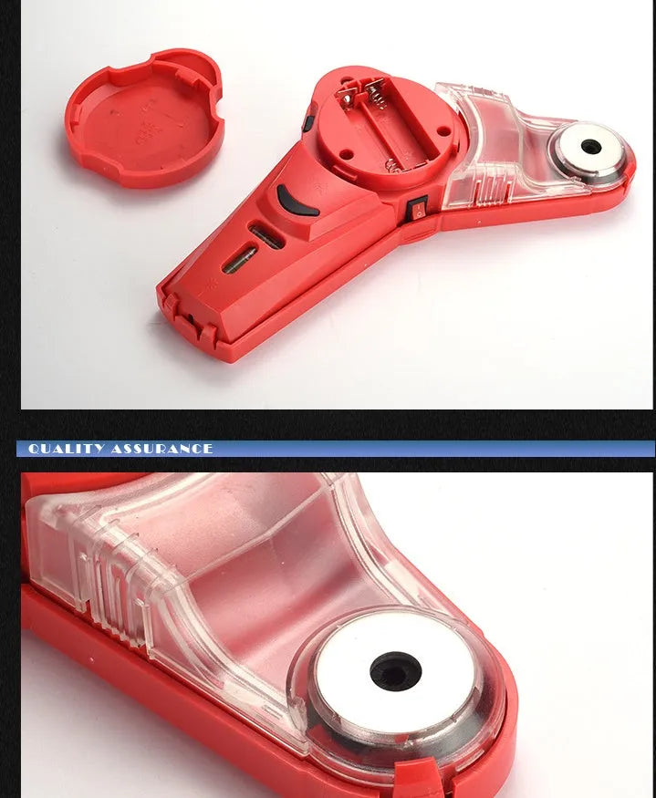Red laser level tool with punching function for woodworking alignment and marking.
