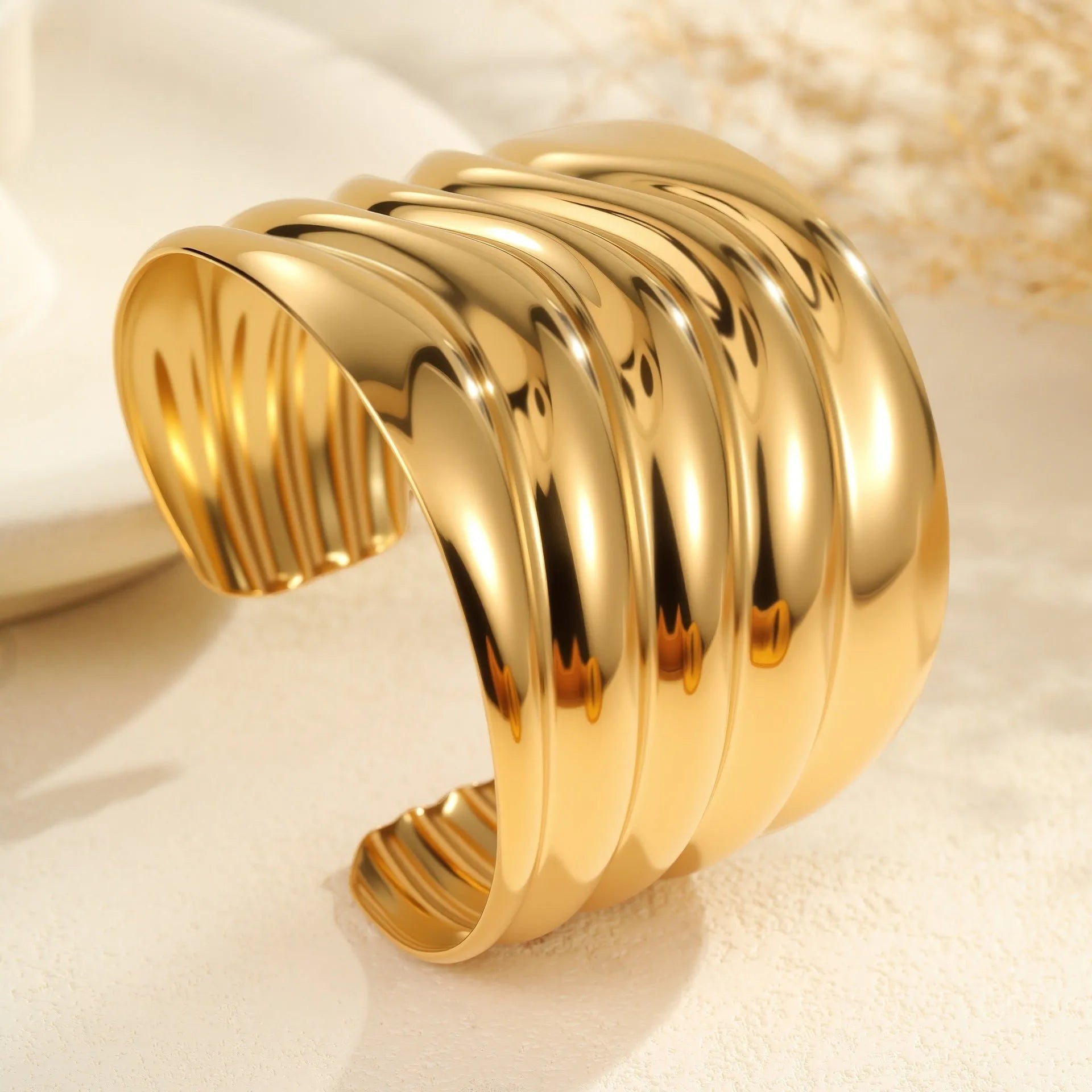 Women's exaggerated wide geometric bracelet stainless steel 18K gold plated wave design