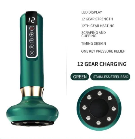 Green electric vacuum cupping massager with adjustable suction and infrared heating functions