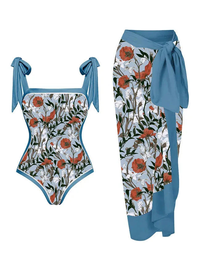 Women's printed chiffon two-piece swimsuit set with matching hip skirt in floral design