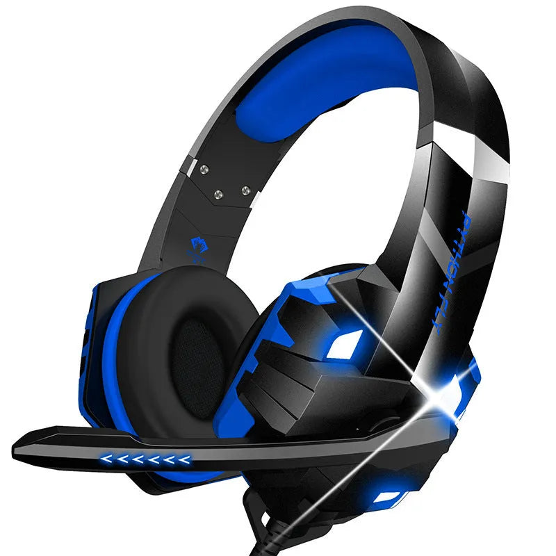 Wired over-ear gaming headset with microphone and breathing light in blue colour.