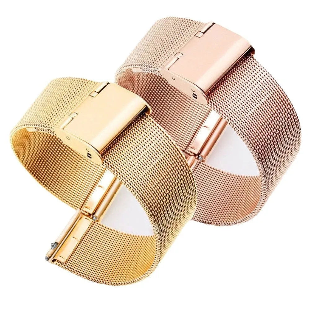 Milani woven stainless steel watch band showing textured metal construction in silver, black, gold, or rose gold.