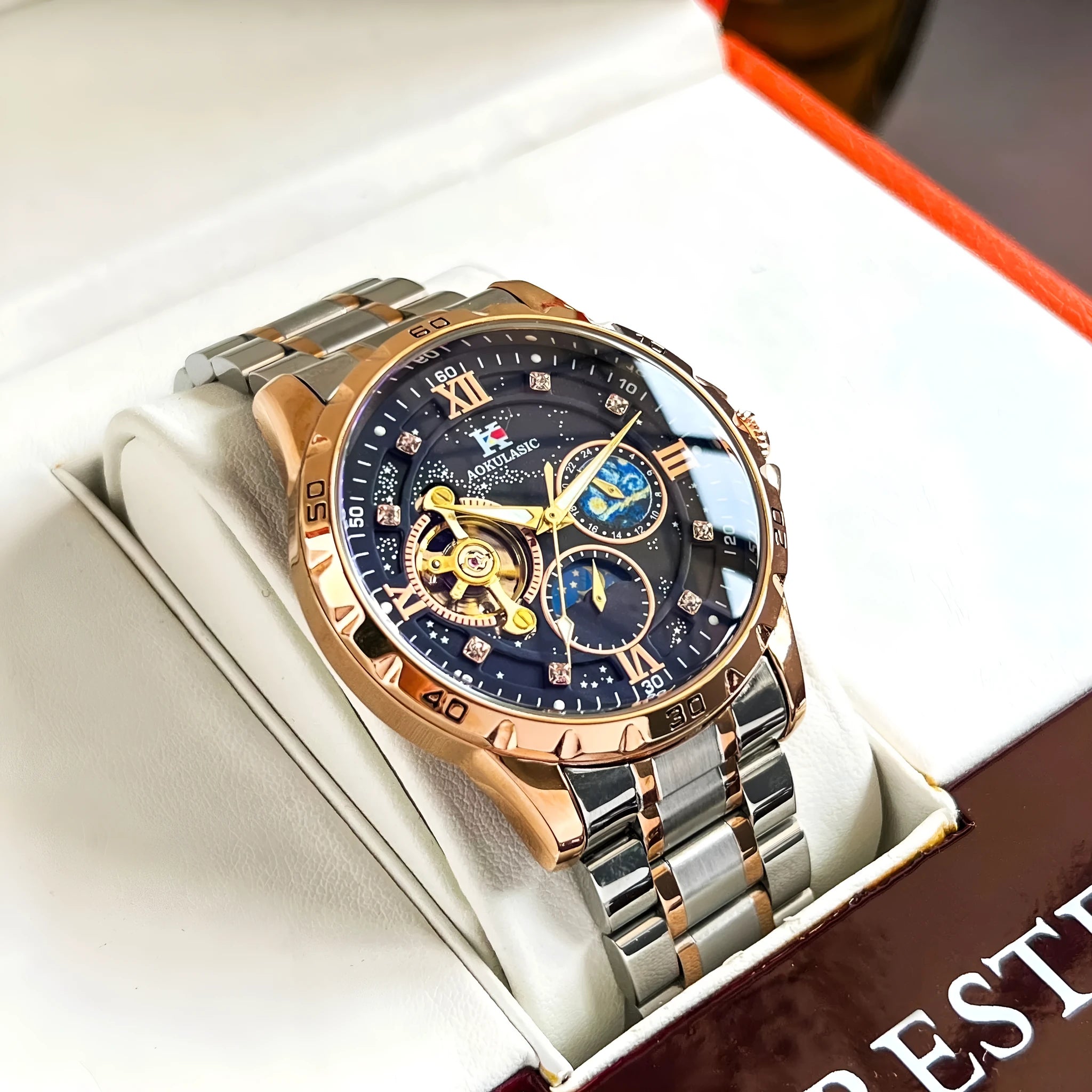 Rose gold automatic mechanical men's watch with black dial and stainless steel bracelet